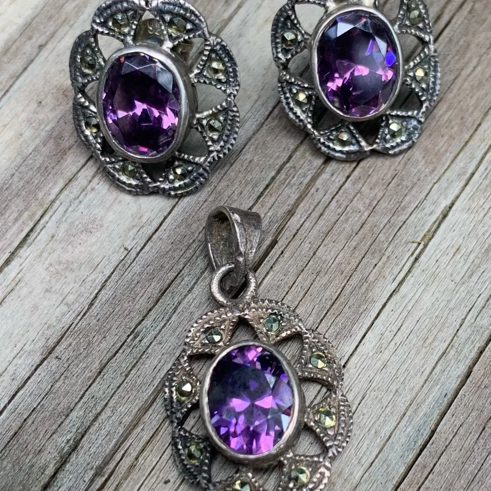 Vintage Amethyst Marcasite SS earrings and pendant. - Picture 3 of 6